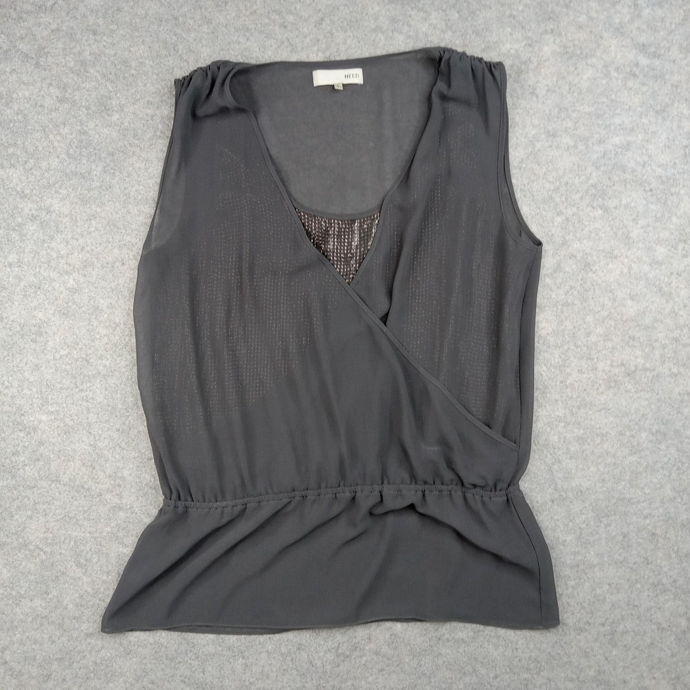 HEED Blouse Womens Large Gray Sleeveless Surplice V Neck Sheer Peplum Dressy Top